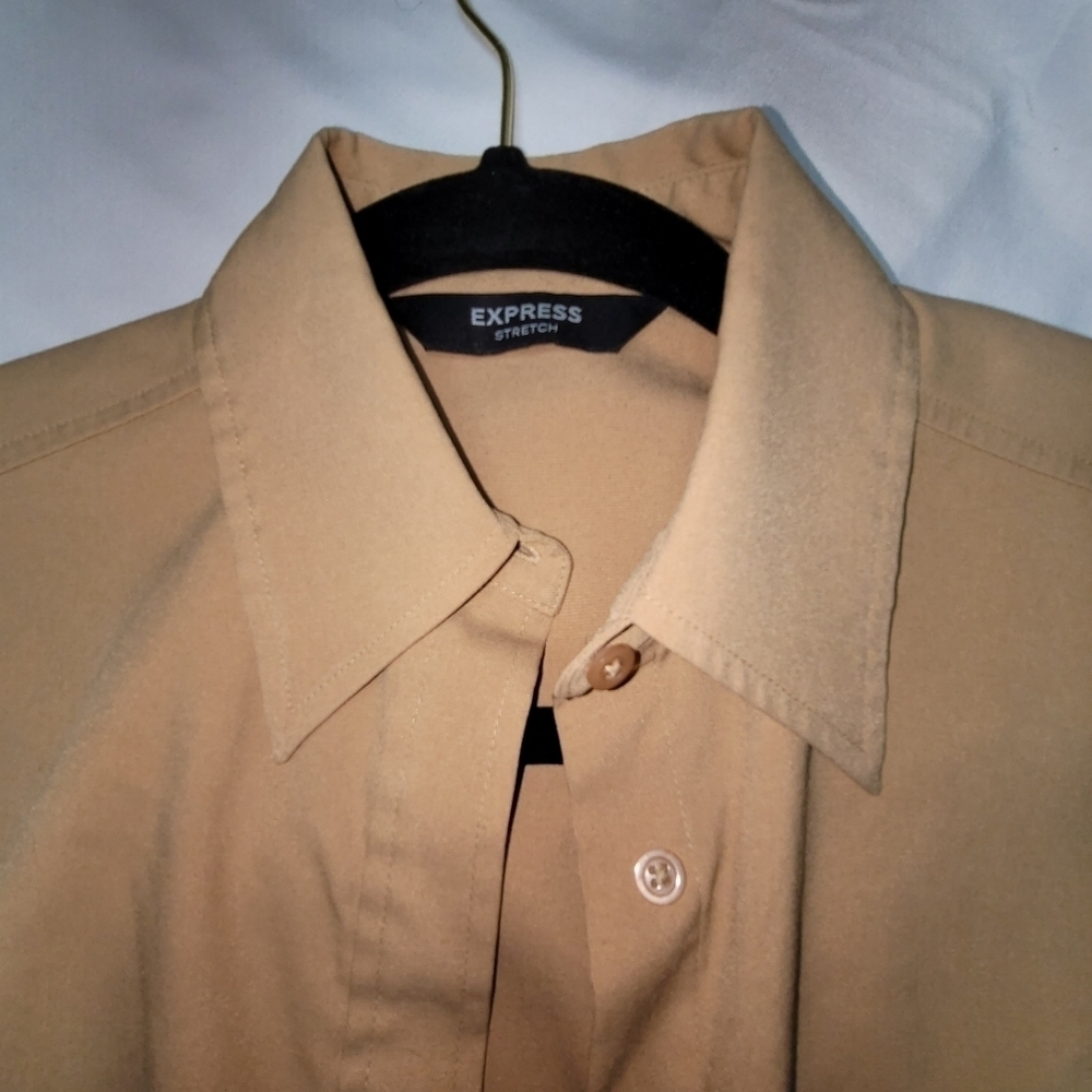 Express Stretch Button Down Dress Shirt Tan Women's Size 1/2 - Picture 4 of 12